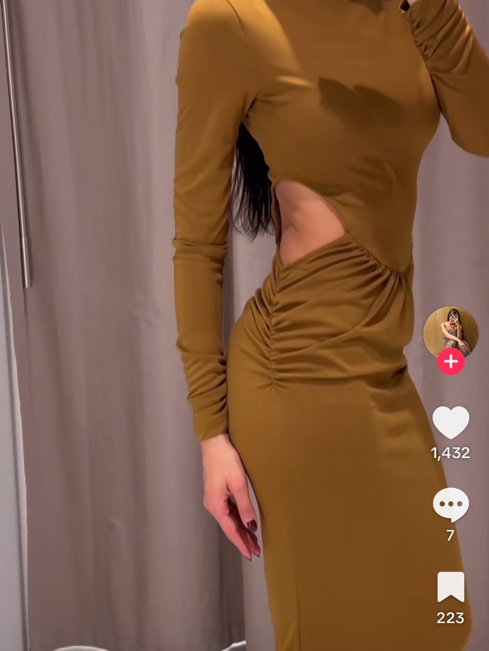 Zara Olive Green Long-Sleeve Cutout Midi Dress - Picture 3 of 11